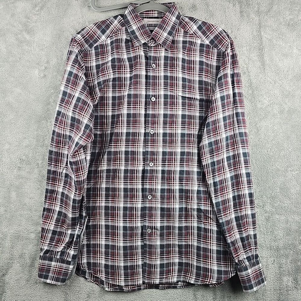 Ermenegildo Zegna Button Down Shirt Mens Medium Red Gray Plaid Long Sleeve Light